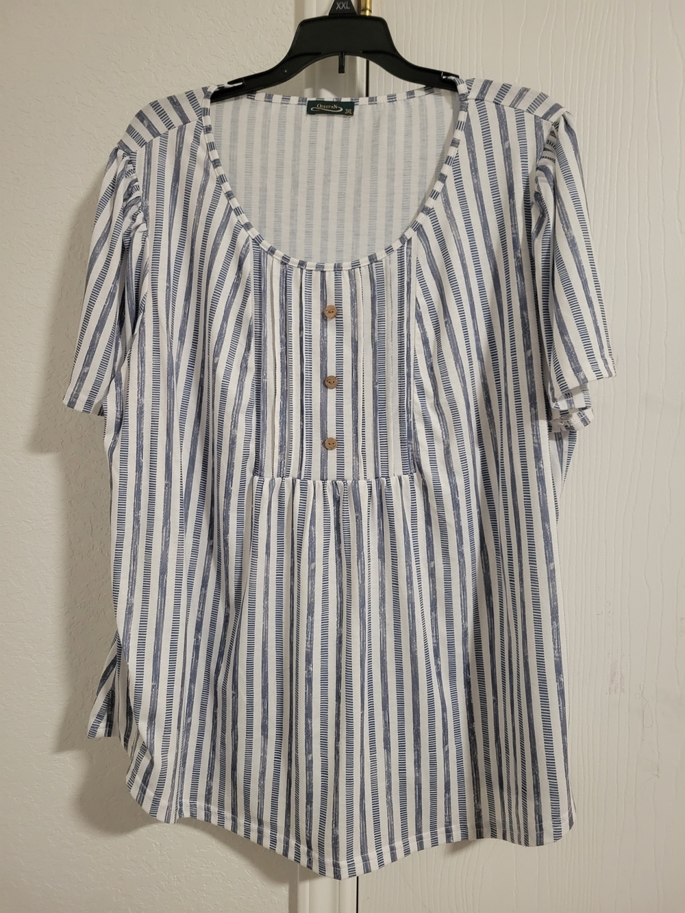 Striped Scoop Neck Peasant Blouse - Navy & White